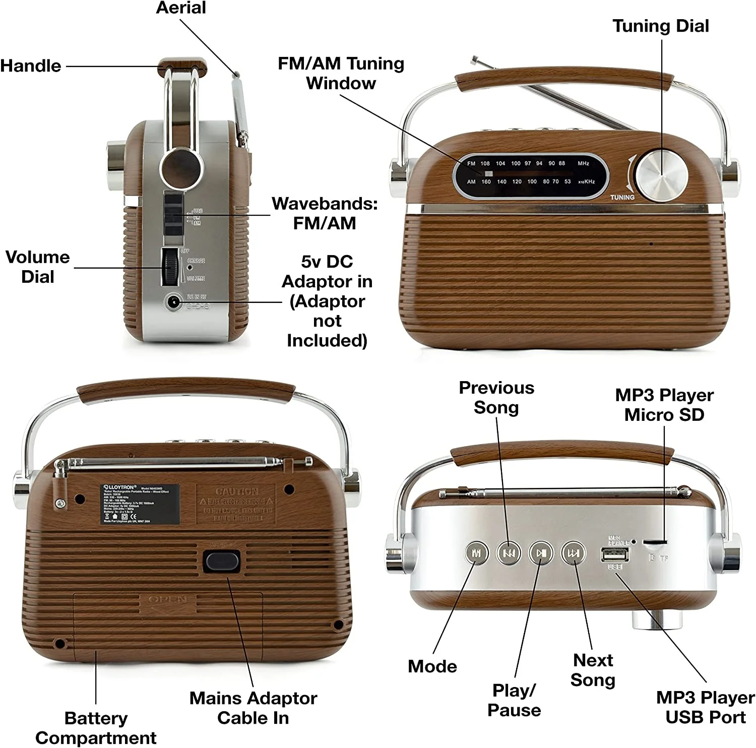 Lloytron FM/AM Rechargeable Portable Vintage Radio - Image 3