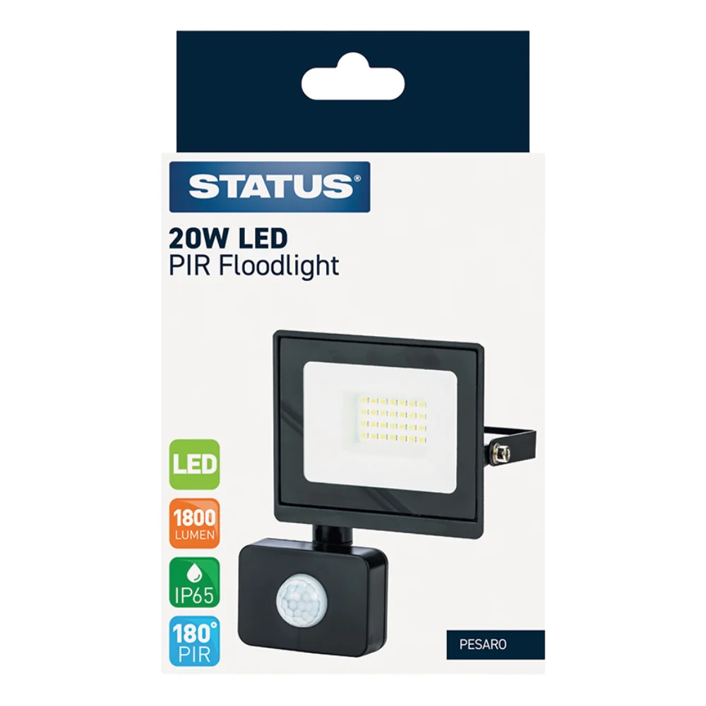 Status Pesaro 20W LED Black Flood With PIR J3840